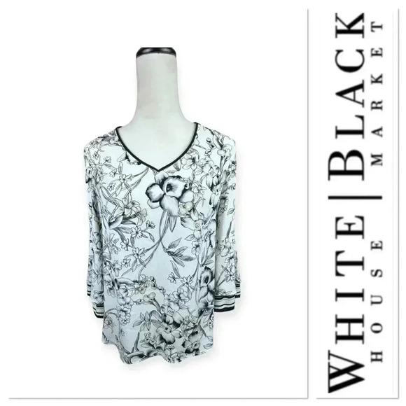 White House Black Market white top with black floral pattern size 2 - Picture 1 of 11